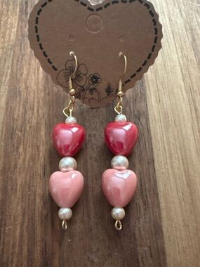 Gold-Tone Red and Pink Heart Drop Earrings